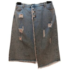 Asymmetrical Denim Skirt Midi Distressed High Waist Light Wash Blue 1X Back Slit